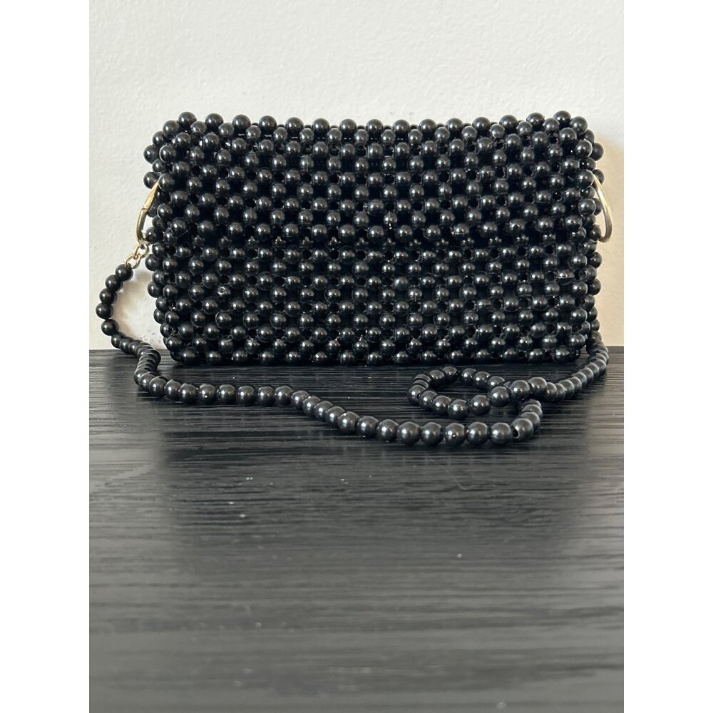 VTG Le Jule Black Plastic Beaded Handbag Strap Zipper Closure Hong Kong Boho MCM